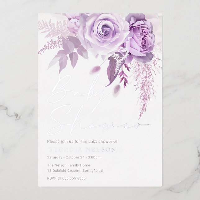 Divine Purple Lavender Floral Baby Shower Silver Folieneinladung (Vorderseite)