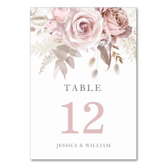 Divine Rose Gold Blush Floral Wedding Tischnummer (Vorderseite)