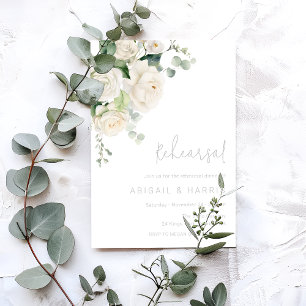 Divine White Roses & Sage Wedding Probe Dinner Einladung