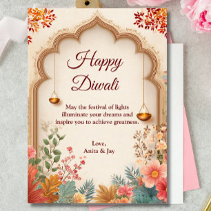 Diwali Beige Floral Arch Lamp Diyas Gruß Einladung