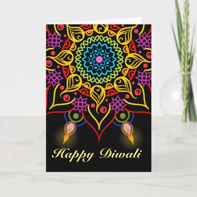 Diwali Blume Rangoli mit Öllampen Karte (Vorderseite)