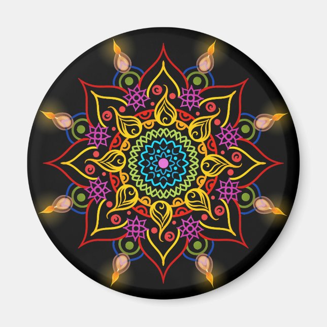Diwali Blume Rangoli mit Öllampen Magnet (Vorne)