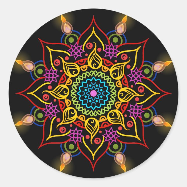 Diwali Blume Rangoli mit Öllampen Runder Aufkleber (Vorderseite)
