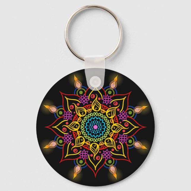 Diwali Blume Rangoli mit Öllampen Schlüsselanhänger (Vorderseite)