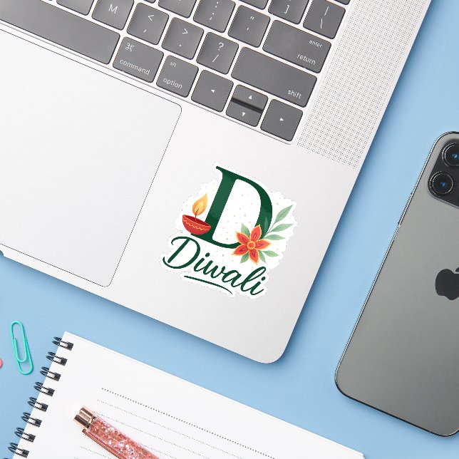 Diwali "D" Monogram Diya Sticker (Laptop mit iPhone)