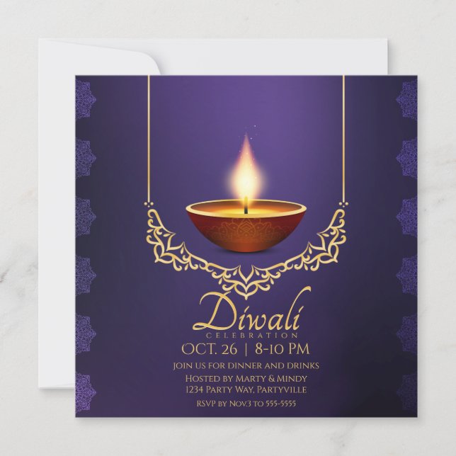 Diwali Deep Lila Diya Gold Trim Einladung (Vorderseite)