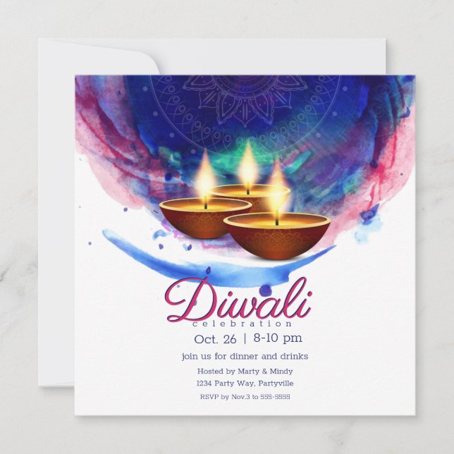 Diwali Diyas Blue Paint Wash Einladung (Vorderseite)