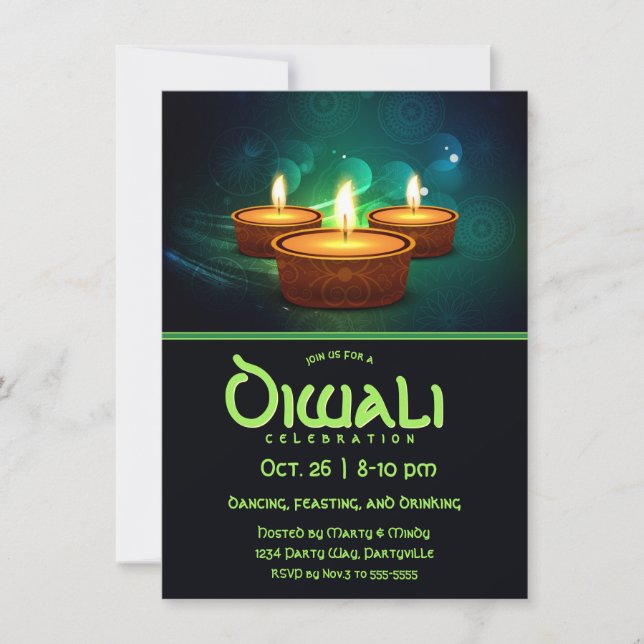 Diwali Diyas mit Blau und Aquamarin Einladung (Vorderseite)