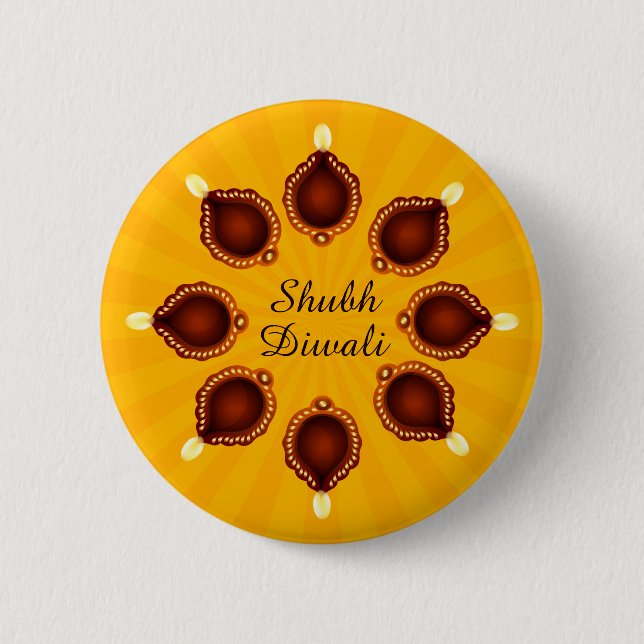 Diwali Diyas mit gelben Sonnenstrahlen Button (Vorderseite)