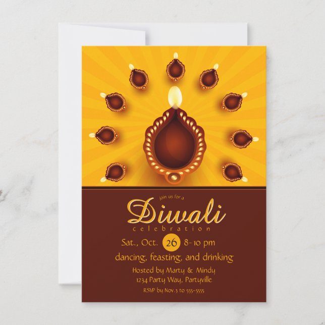 Diwali Diyas mit gelben Sonnenstrahlen Einladung (Vorderseite)