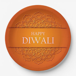 Diwali Elegant Modern Orange Yellow Mandala 9" Pappteller