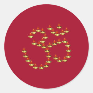 Diwali Gold Deepa in Om Symbol Bright Burgundy Runder Aufkleber