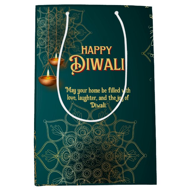 Diwali Green Gold Lamps Mandala Personalisiert Mittlere Geschenktüte (Vorderseite)