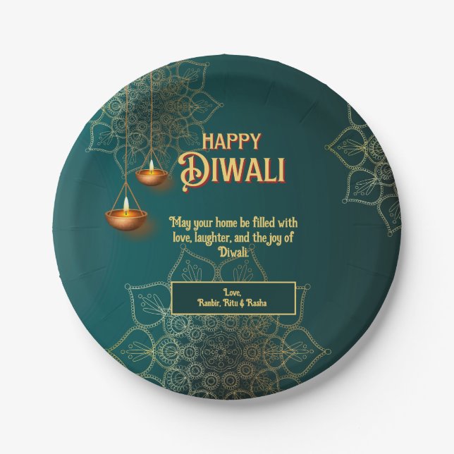 Diwali Green Gold Lamps Mandala Personalisiert Pappteller (Vorderseite)