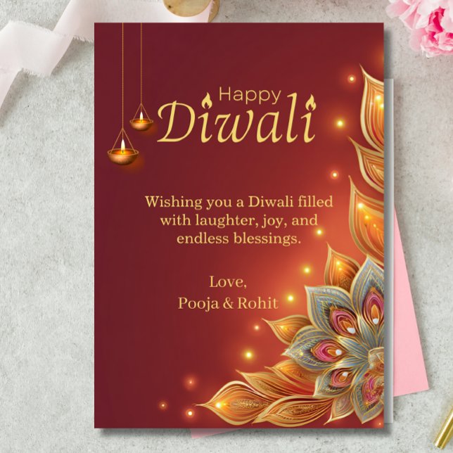 Diwali Holiday Card Red Gold Floral Lampen Einladung (Von Creator hochgeladen)