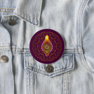 Diwali Jeweled Diya Candle Design Mandala Lila Button