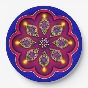 Diwali Lila Diya Flame Lotus Mandala Blue 9" Pappteller