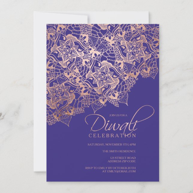 Diwali typografie Rose gold mandala blau lila Einladung (Vorderseite)
