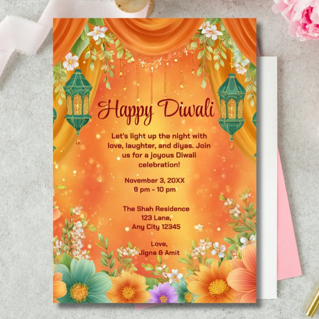 Diwali Yellow Orange Verziert Diwali Celebration Einladung (Von Creator hochgeladen)