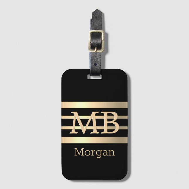 DIY 3-D Gold Monogramm/Name, Bk/Gold Streifen, sch Gepäckanhänger (Vorderseite Vertikal)