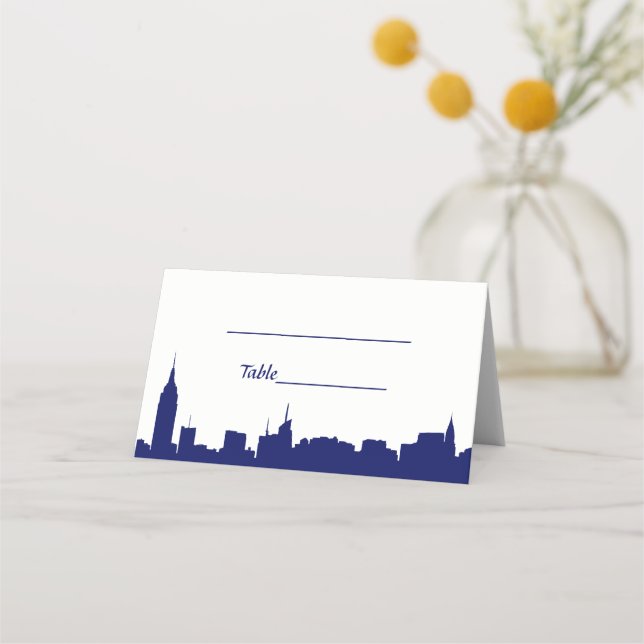 DIY BG NYC Skyline Blue Silhouette Escort Cards Platzkarte (Rückseite)