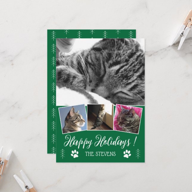 DIY Cat Foto Collage Green Holiday Flat Card Einladung (Vorderseite/Rückseite Beispiel)