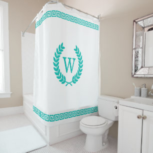 DIY Colors Greek Key S Laurel Monogm Aquamarin Whi Duschvorhang