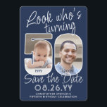 DIY Colors ・ Look Who's 50 Birthday Party 2 Foto Save The Date<br><div class="desc">Schau, wer 50 wird! Laden Sie Ihre Familie und Freunde zu einem bevorstehenden 50. Geburtstag mit elegantem Foto Save the Date Party Einladungen. Bilder und Texte auf dieser Vorlage sind einfach zu personalisieren. Mit dem Zazzle-Design-Tool können die marineblau-weißen Konturen für Hintergrund, Text und Zahlen individuell angepasst werden. (IMAGE PLACEMENT TIP:...</div>