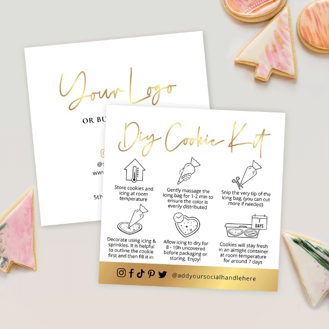 DIY Cookie Decorations Guide White & Gold Script Quadratische Visitenkarte (cookie decorating kit instructions cards in white and faux gold with space for your logo)