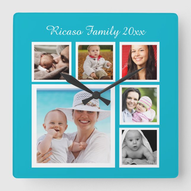 DIY Custom Personalized Photo Collage Template Quadratische Wanduhr (Vorderseite)