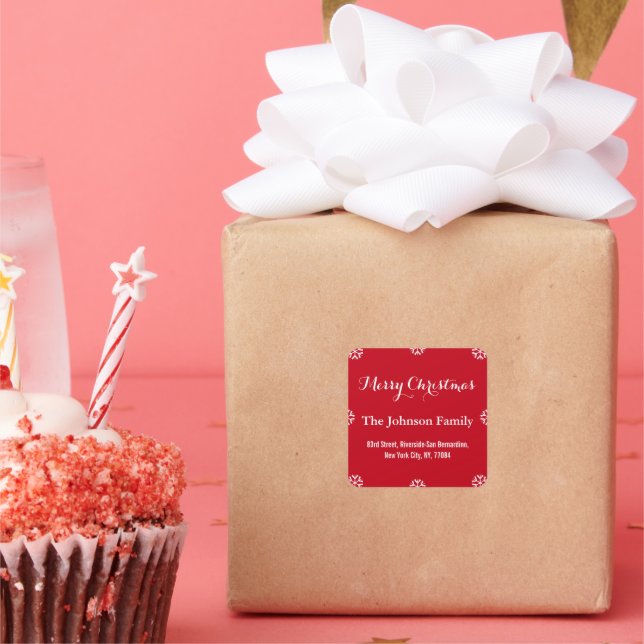 DIY Elegante Christmas Red White Script Snowflakes Quadratischer Aufkleber (Party)