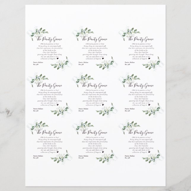 DIY Eucalyptus Brautparty Panty Game Card (Vorderseite)