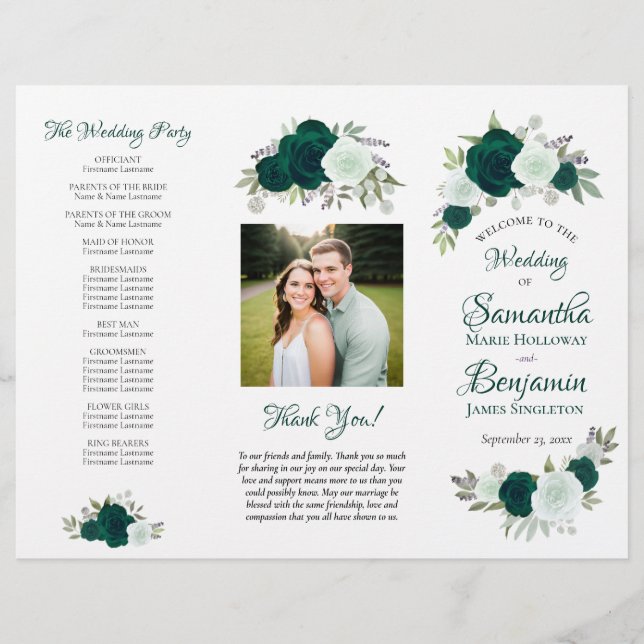 DIY-Falt Hochzeitsprogramm Emerald Boho Rosen (Vorne)
