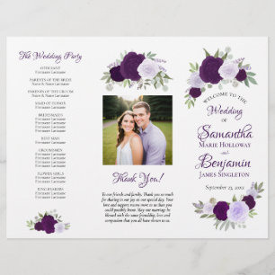 DIY-Falt-Hochzeitsprogramm mit lila Boho-Rosen Flyer