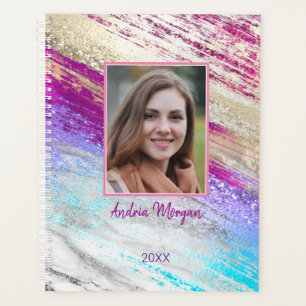 DIY Foto/Name/Jahr/Aquamarin Fuchsia Lila Goldene Planer