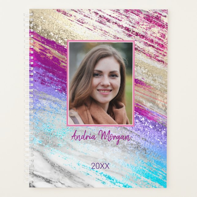 DIY Foto/Name/Jahr/Aquamarin Fuchsia Lila Goldene  Planer (Vorderseite)
