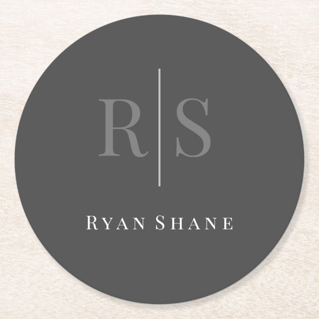 DIY Gray Monogram & White Name on Dark Gray Runder Pappuntersetzer (Vorderseite)