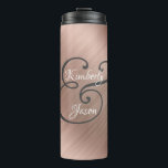 DIY His/Her Script Names, Wh/Grey, Rose Gold Metal Thermosbecher<br><div class="desc">His and her names in beautiful white and grey script lettering for an elegant design on brushed rose gold metal background with space for hand written name. Click “Customize” to change colors and type styles.</div>