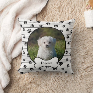 DIY Hund Foto Circle Name Bone Black Paws Rustikal Kissen