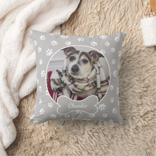 DIY Hund Foto Circle Name Knochen Weiße Paws Grau Kissen