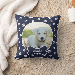 DIY-Hundefoto-Kreis Name Knochen Weiß Pfoten Navy Kissen