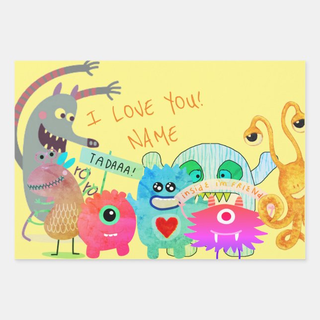 DIY INDIVIDUELLE NAME HAPPY MONSTER GIFT WRAPPING GESCHENKPAPIER SET (Vorderseite 2)