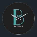 DIY Large Monogram & Name, Teal/White Text, Black Große Wanduhr<br><div class="desc">Personalize this stylish and simple text design with your name in white and your large Monogram in Teal on black background.</div>