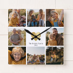 DIY Modern Family Foto Collage Gold Herz Quadratische Wanduhr<br><div class="desc">Mit dieser 8 Foto modernen,  bedruckten goldenen Herz-Wanduhr mit eigenem Familiennamen und Jahr machen Sie sich selbst einen Familiennamen. Großeltern ein tolles Geschenk!</div>