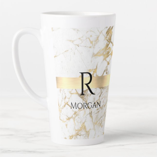 DIY Monogram Black Text, White & Gold Marmor Milchtasse (Links)