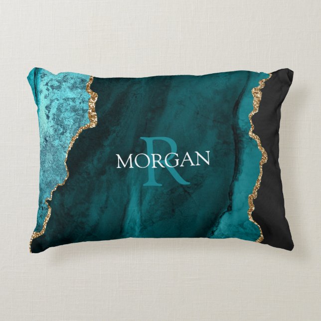 DIY Monogram & Name, Black Gold & Teal Agate Dekokissen (Vorderseite)