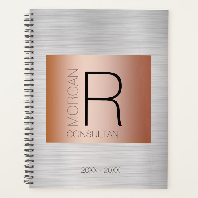 DIY Monogram Name Profession Date Rose Gold Silver Planer (Vorderseite)
