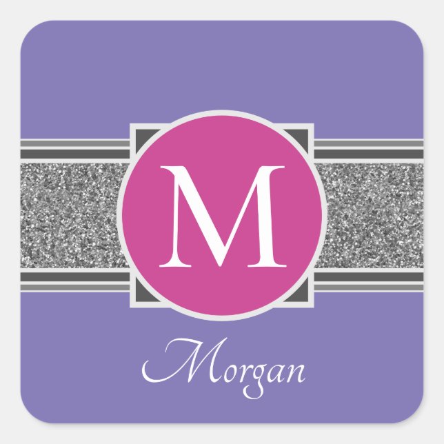 DIY Monogram & Name, Silver Glitzer, Periwinkle Quadratischer Aufkleber (Vorderseite)