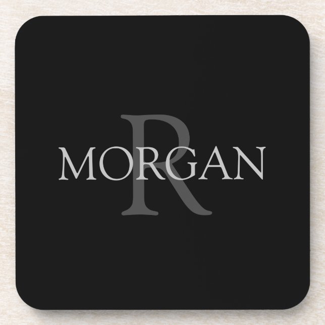 DIY Monogram & Name, trendy Black mit grauem Text Getränkeuntersetzer (Vorderseite)