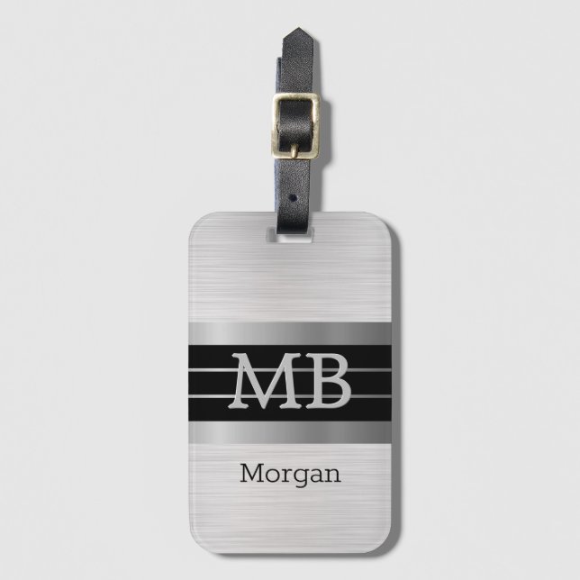 DIY Monogramm/Name Bk/Silber Streifen gebürstet Si Gepäckanhänger (Vorderseite Vertikal)